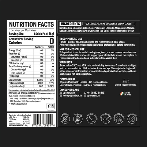 UP&RUN Zero Sugar Electrolytes -Nutrition Facts